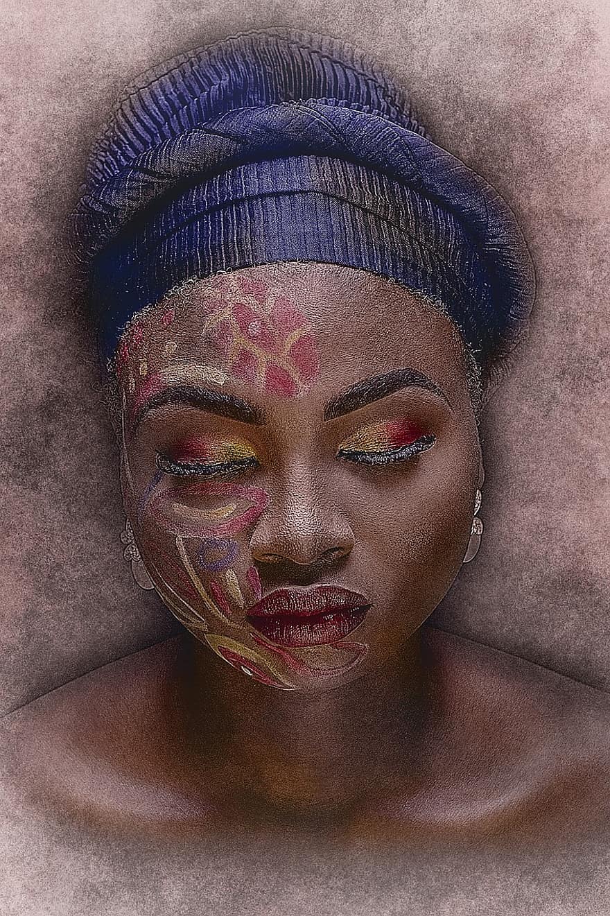 femeie, african, fată, Femeie, portret, frumuseţe, persoană, machiaj, cap, față, manipularea digitală