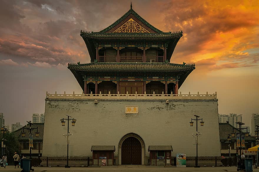барабанна кула, Тиендзин, Китай, град, сграда, фасада, архитектура, пагода, забележителност, на открито