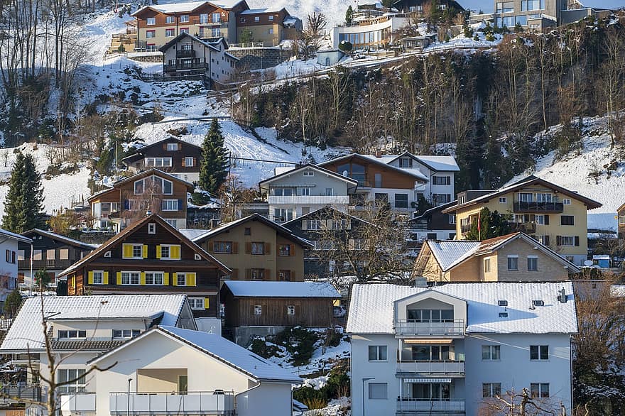 Switzerland, Winter, Town, Village, Houses, Season, snow, mountain, roof, architecture, building exterior