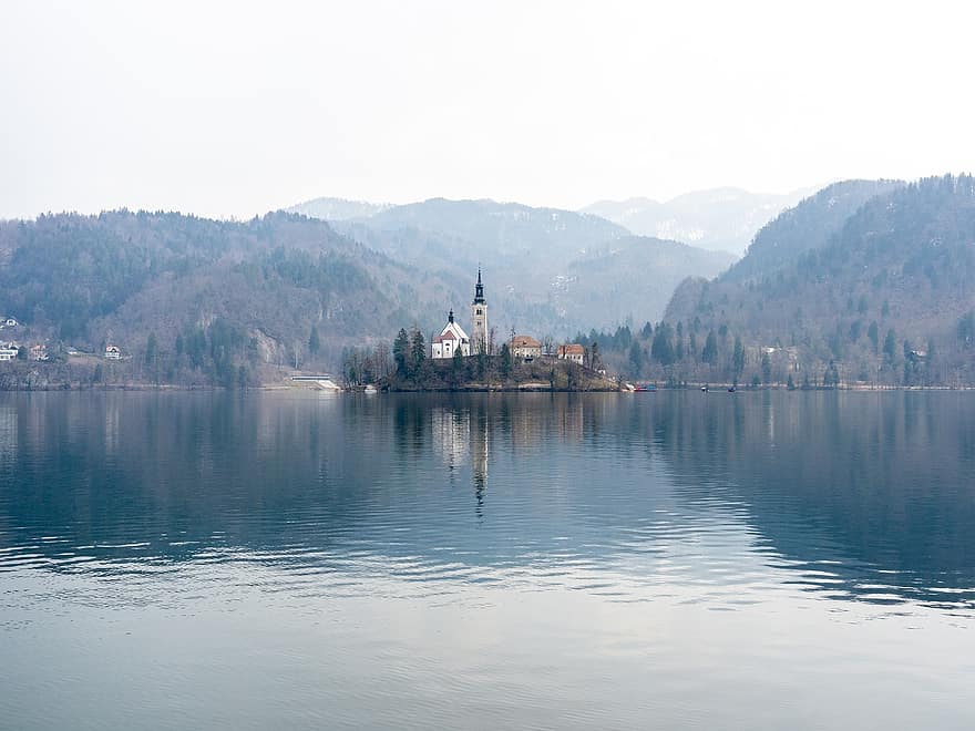gunung, danau, pulau, gereja, perjalanan, tujuan, di luar ruangan, refleksi, slovenia, alam, air