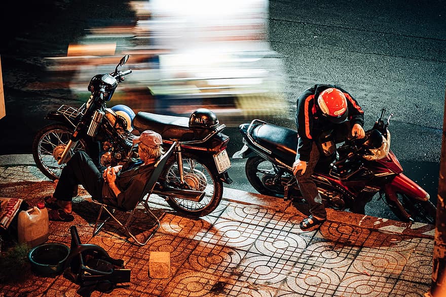 Vietnam, kota, dunia malam, urban, jalan, sepeda motor