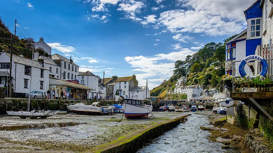 liman, balıkçı köyü, tekneler, düşük gelgit, kurudu, köy, polperro, Cornwall, tarihi, evler, kasaba
