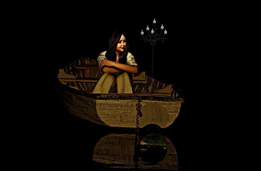 laiva, sieviete, airu laiva, ūdens, ezers, garastāvoklis, svečturis, atspoguļo, romantika, sveču gaisma, naktī