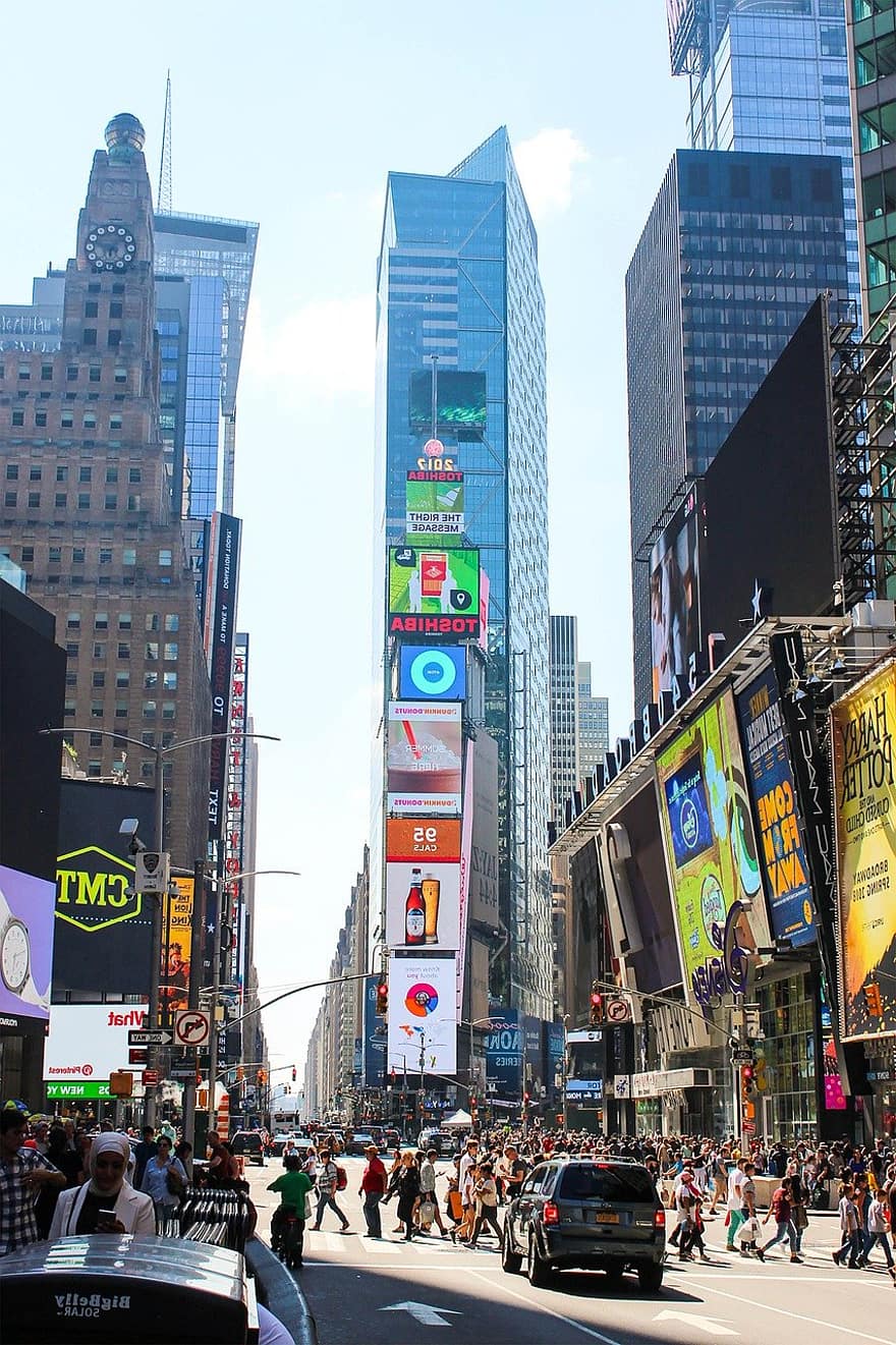タイムズスクエア、建物、ビルボード、広告、群集、通り、建築、ブロードウェイ、ニューヨーク、シティ、マンハッタン