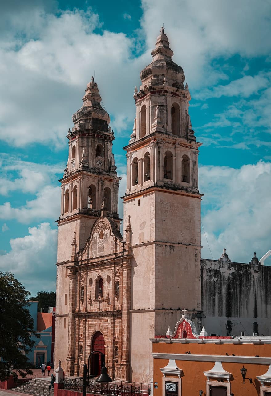Cattedrale, costruzione, facciata, Chiesa, vecchio, architettura, Cattedrale di Campeche, città, campeche, Messico