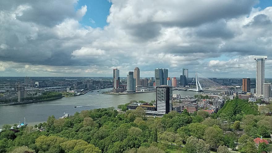 pilsēta, ceļot, tūrismu, ēkām, euromast, Roterdama, Nīderlande, debesskrāpji, pilsētas ainava, erasmus tilts, debesis