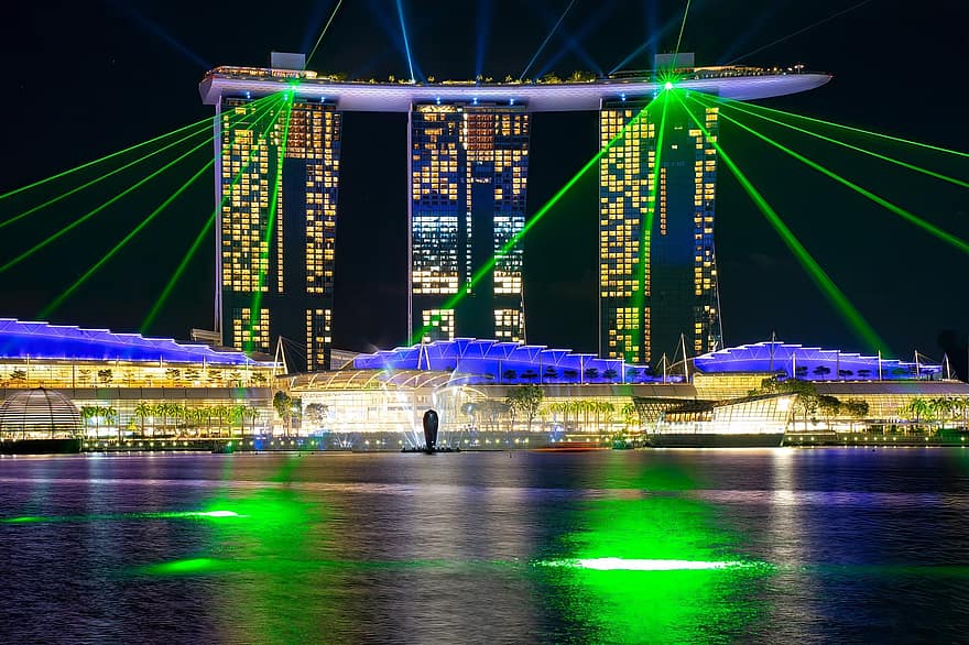 láser, espectáculo de luz, Marina Bay Sands, Singapur, arquitectura, edificio, turismo, noche