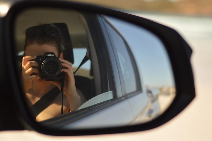mirall, cotxe, reflexió, dona, càmera, fotografia, selfie, vehicle, carretera, estiu, viatjar