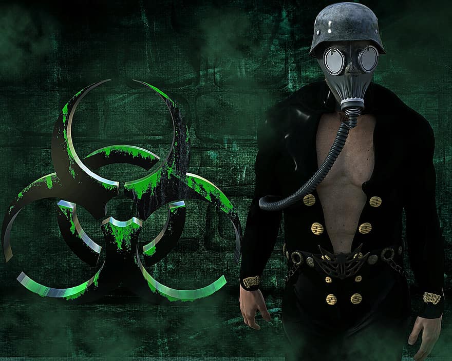 gasmaske, Stahlhelm, mand, baggrund, biologisk farlige, risiko, biologisk, toksisk, symbol, advarsel, farligt