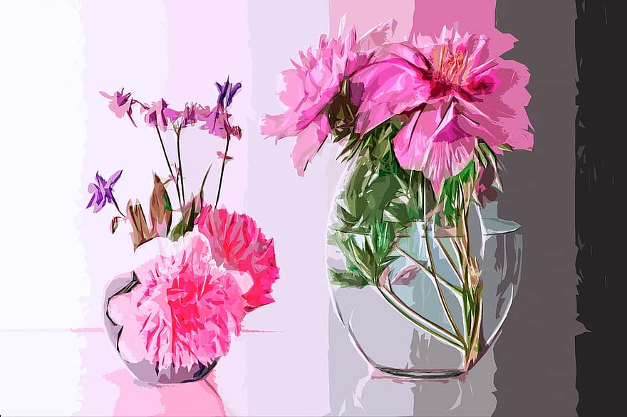 pivoines, fleurs, vase, fleur rose, plante, violet, bouquet, doux