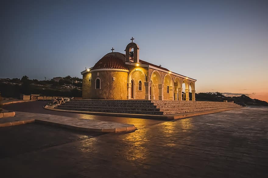 Agios Epifanios, โบสถ์, พระอาทิตย์ตกดิน, สถาปัตยกรรม, อาคาร, หน้าตึก, ศาสนา, พลบค่ำ, เอเยียนาปา