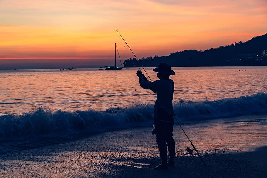 nelayan, penangkapan ikan, laut, matahari terbenam, matahari terbit, Thailand, tongkat, pemancing, air, danau, pantai