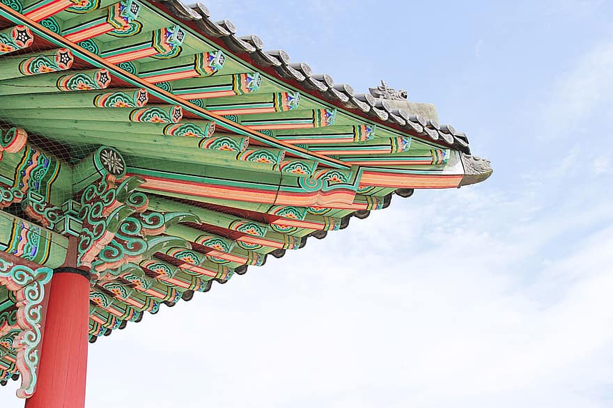 palads, tag, ornamenter, farverig, arkitektur, koreansk, seoul
