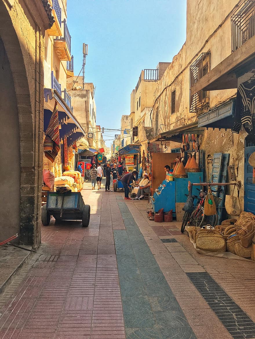 steeg, straat, markt, oude stad, bazaar, vendors, mensen, voetpad, gebouwen, stad, Essaouira
