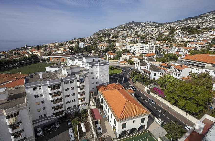 talot, rakennukset, kaupunki, Funchal, Madeira, Portugali, arkkitehtuuri, saari, taivas, pilviä, atlantin