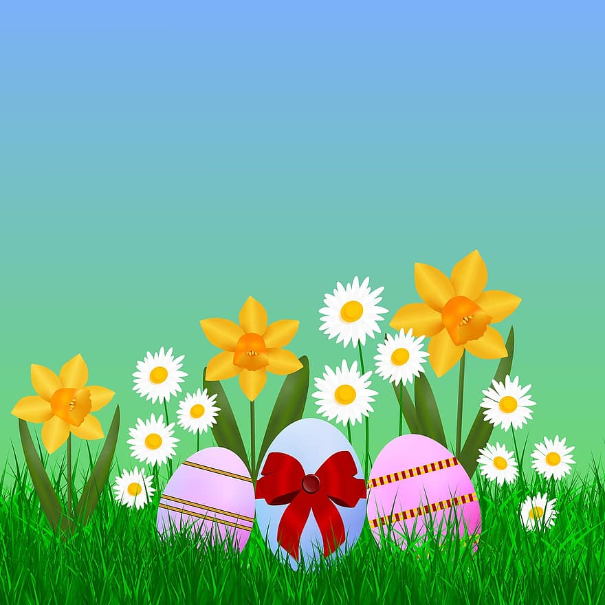 Pascua de Resurrección, flor de pascua, narcis, huevos de Pascua, ilustración, primavera, huevo de Pascua, alegre, locura, Flores de primavera
