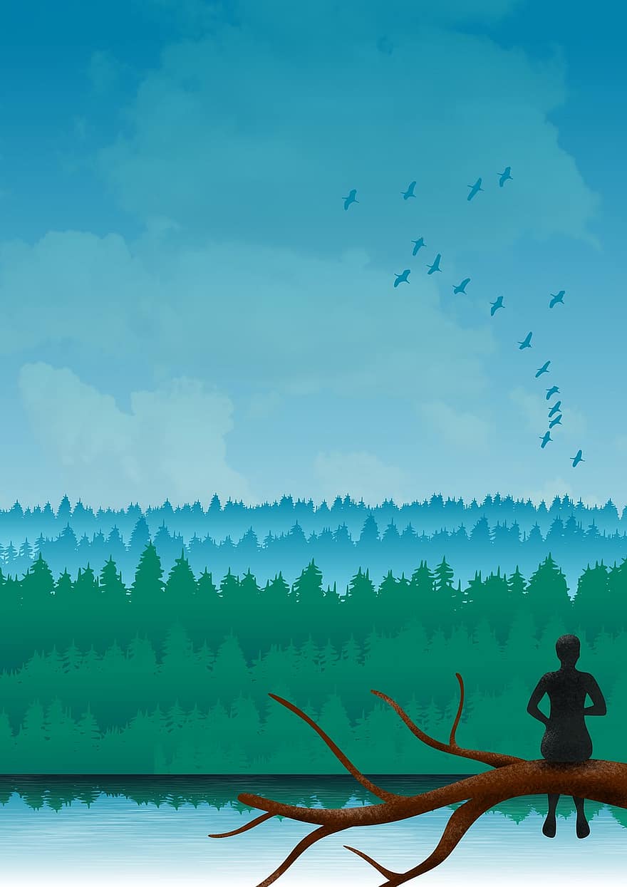 ilustração, panorama, contemplação, azul, verde, pinho, céu, nuvens, cena, silhueta, tronco