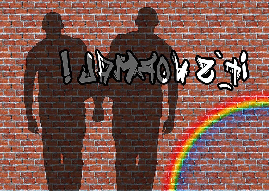 væg, skygge, graffiti, regnbue, mand, homoseksualitet, homoseksuel, partner, venskab, hænder, hjerte