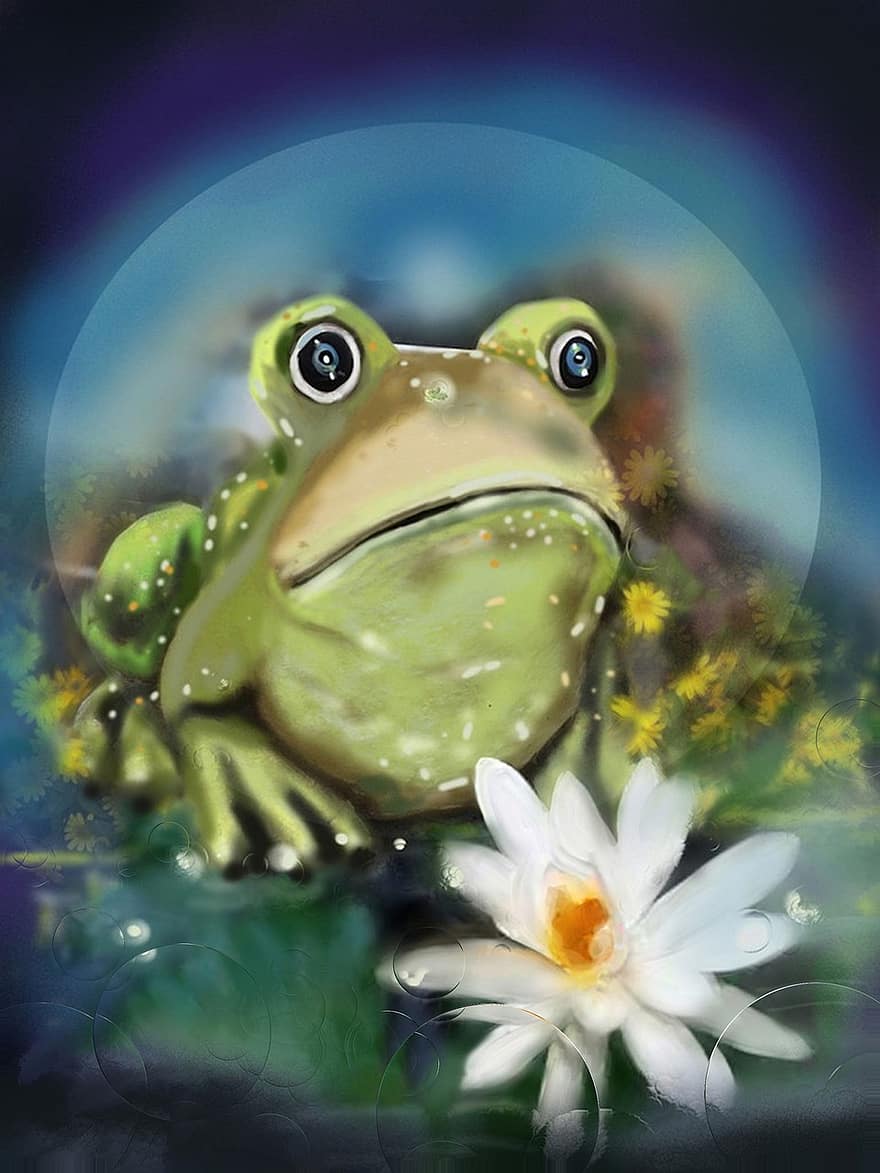 ilustracja, żaba, płazy, lilie wodne, Natura, bajka, staw, Zielony, niebieski, Fantazja, woda