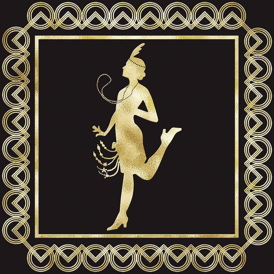 Woman, Flapper, Gold Foil, Frame, Border, Gold Foil Background, Vintage Woman, Art Nouveau Woman, Lady, Gatsby, Female