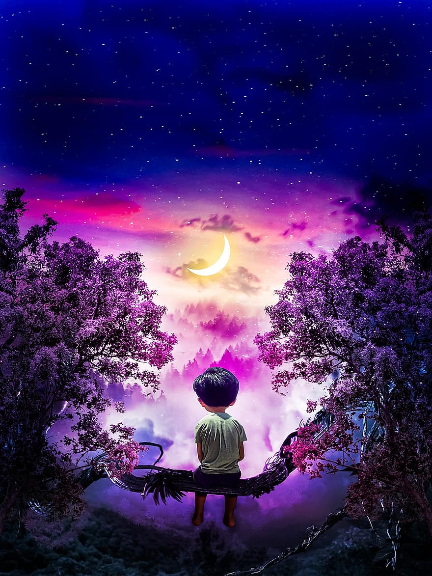 фон, хлопчик, місяць, світло, дерево, сумний, цифрове мистецтво
