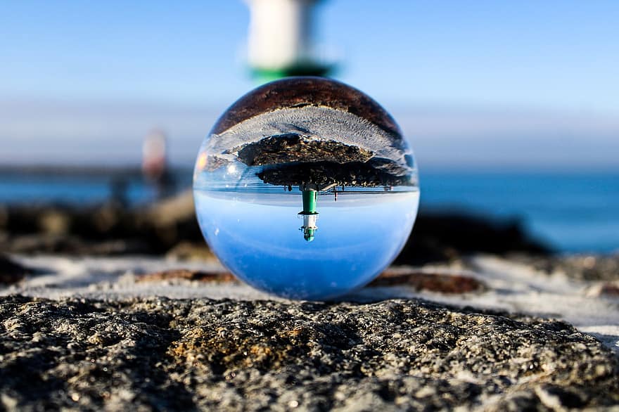 fyr, Strand, lensball, refleksjon, himmel, havn, kyst, landemerke, glass ball, krystallkule, stein