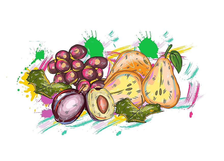 Fruits, Food, Painting, Produce, Organic, Pears, Grapes, Apple, Orange, Berries, Blueberries