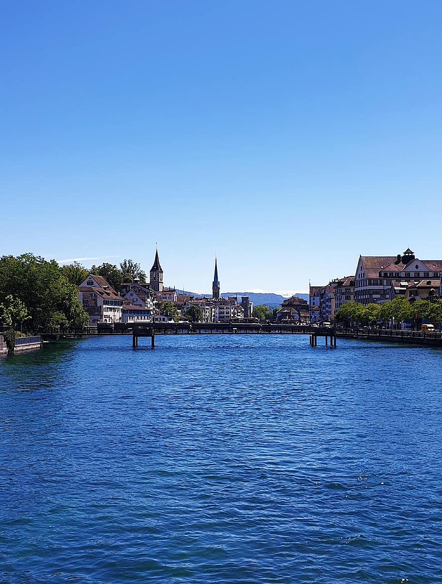 Zurique, ponte, limmat, agua, arquitetura, cidade, rio, céu
