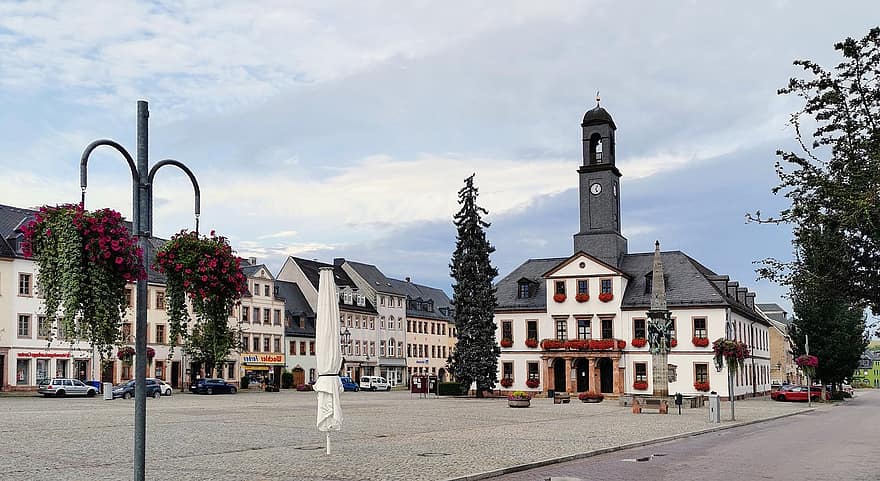 Rochlitz、町役場、シティ、ドイツ、市場、旅行する、中央軸
