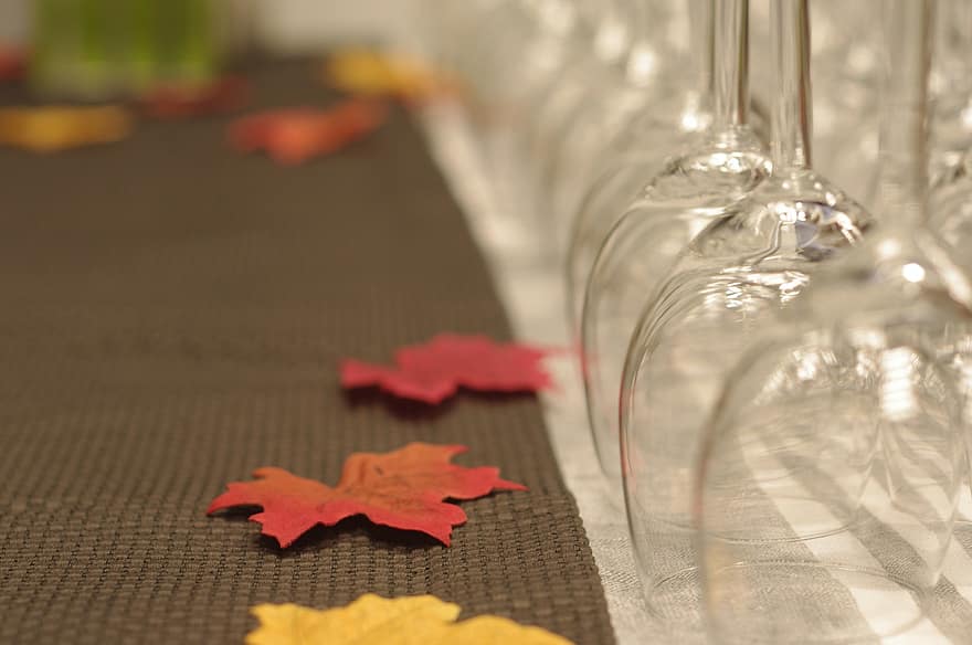 ガラス、葉、ワイングラス、秋、デコレーション、ワイン