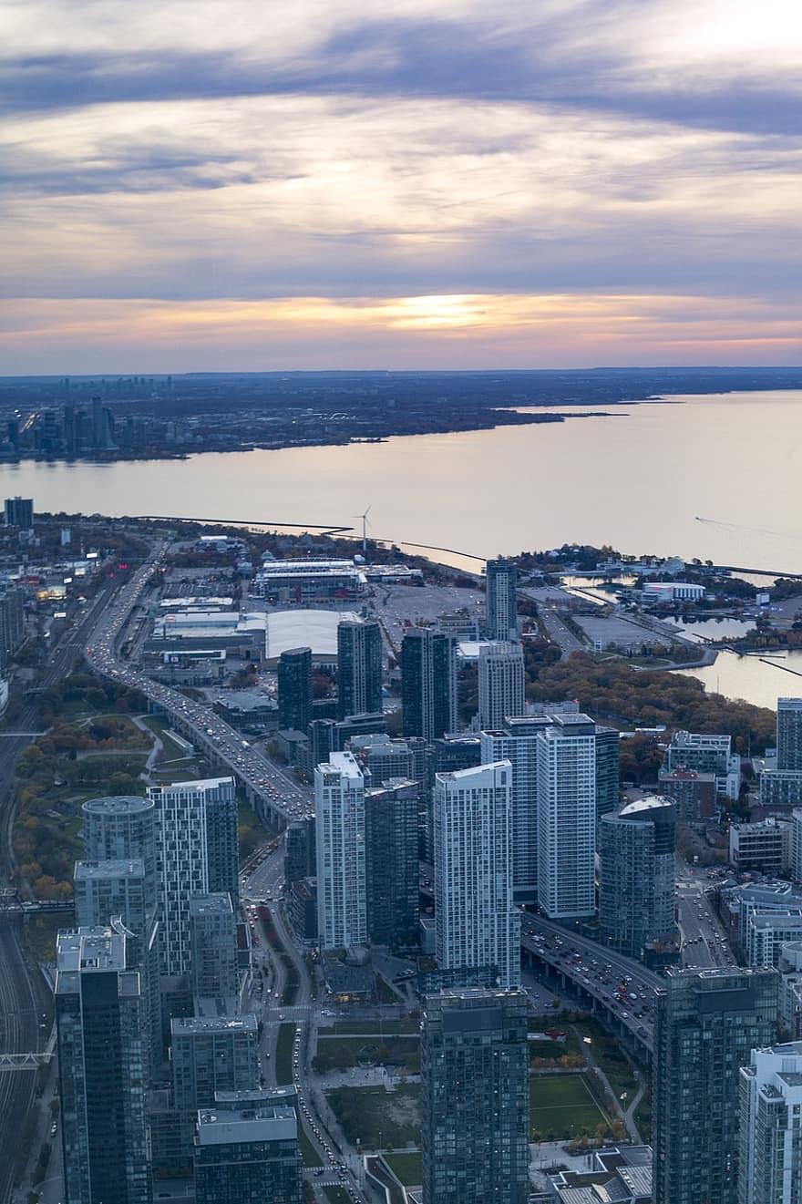 Канада, Торонто, град, пътуване, градски пейзаж, изглед от въздуха, небостъргач, градски силует, архитектура, висок ъгъл, известното място