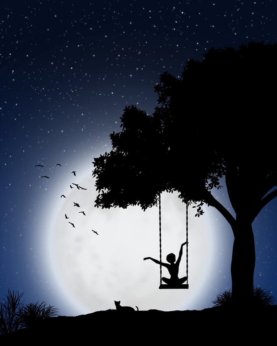 księżyc, sylwetka, drzewo, ptaki, huśtawka, kobiety, kot, noc, gwiazda, krajobraz, tajemniczy