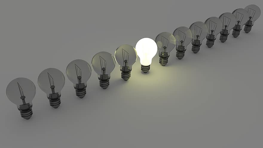 spuldzes, spuldze, gaisma, enerģiju, lampa, ideja, individuāli, priekšnieks, komanda, anders, atšķiras