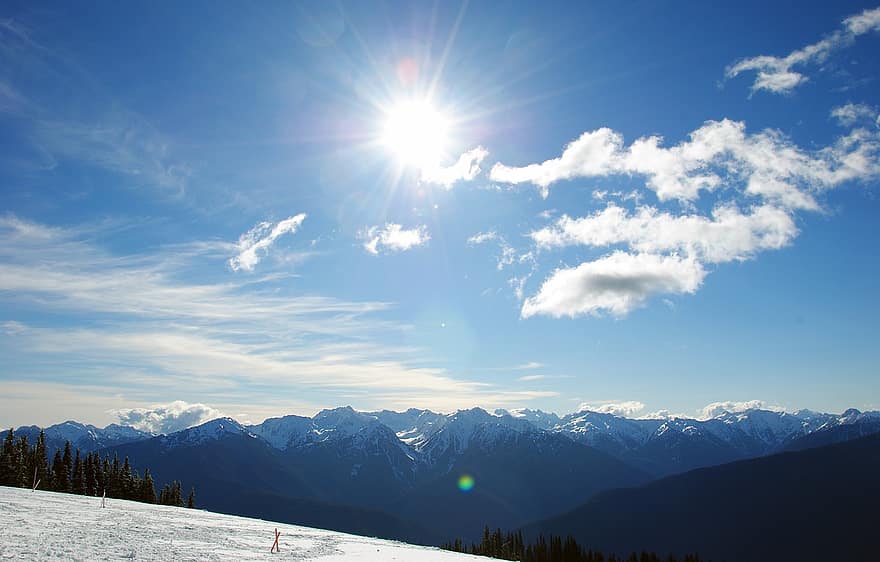 olimpinis nacionalinis parkas, olimpiniai kalnai, sniegas, žygiai, sniego kalnai, kalnas, mėlyna, kraštovaizdį, žiemą, debesis, dangus