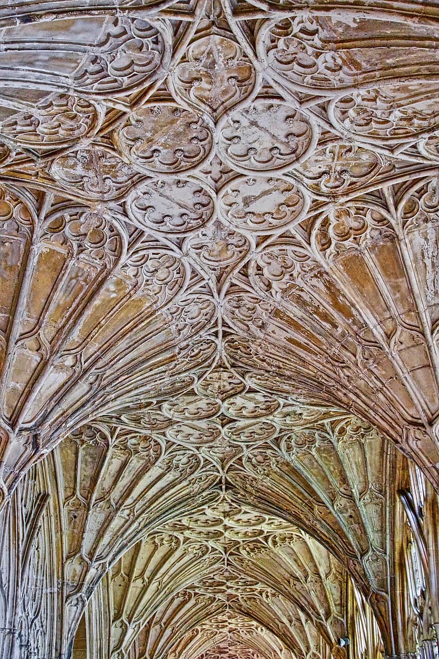 plafond, cathédrale, cloître, monastère, Gloucester, orné