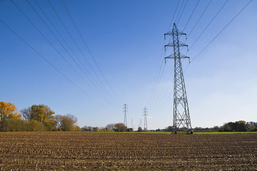 postes, cabos, campo, fios, torres de transmissão, torres de energia, linhas de energia, panorama