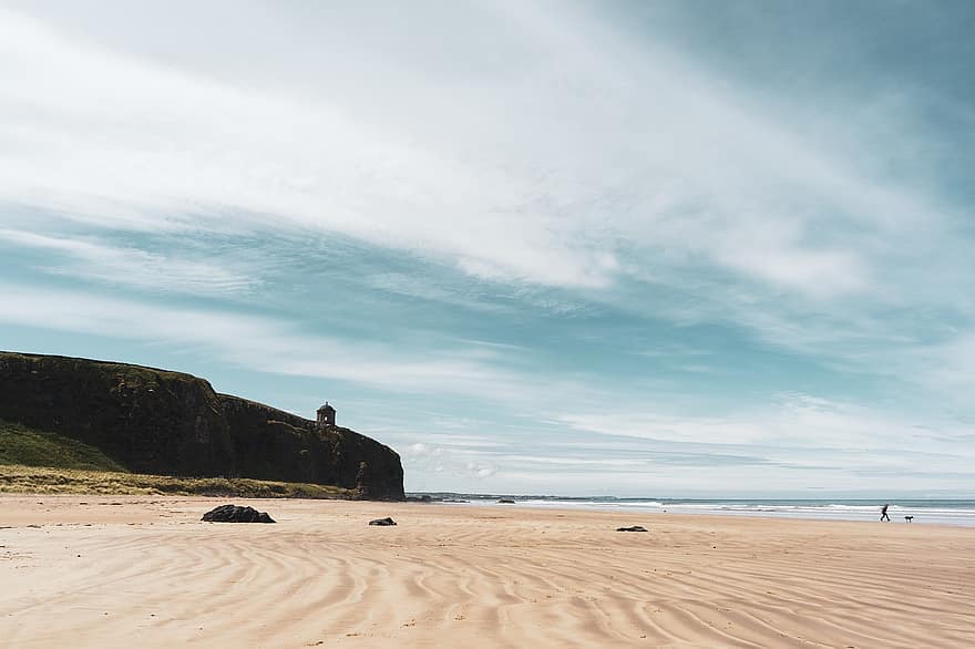 пляж, песок, берег, взморье, Песчаный пляж, береговая линия, горизонт, небо, облака, Северная Ирландия, Ирландия