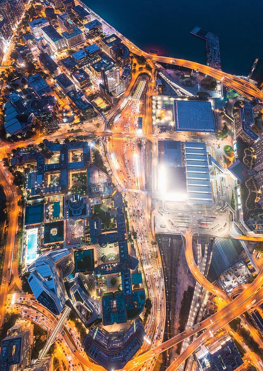 Street, Cars, Traffic, Roads, Night, Urban, Cyberpunk, Cityscape, Aerial, Kowloon