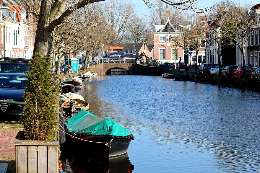 alkmaar, kanál, město, lodí, staré Město, Holandsko, severní Holandsko, Nizozemí, vodní cesty, voda, námořní plavidlo