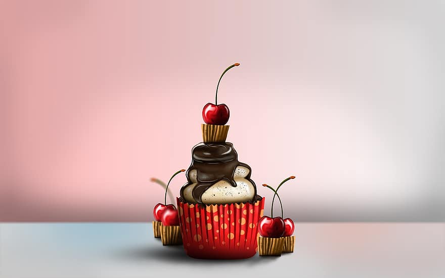 cupcake, kirsebær, kake, cupcake liners, dessert, sjokoladesirup, glasur, frukt, mat, søt