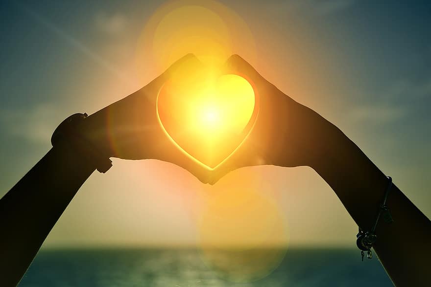 καρδιά, η δυση του ηλιου, χέρια, αγάπη, Βαλεντίνος, Ημέρα του Αγίου Βαλεντίνου, ρομαντικός, μορφή, ουρανός, σύμβολο, ηλιακό φως