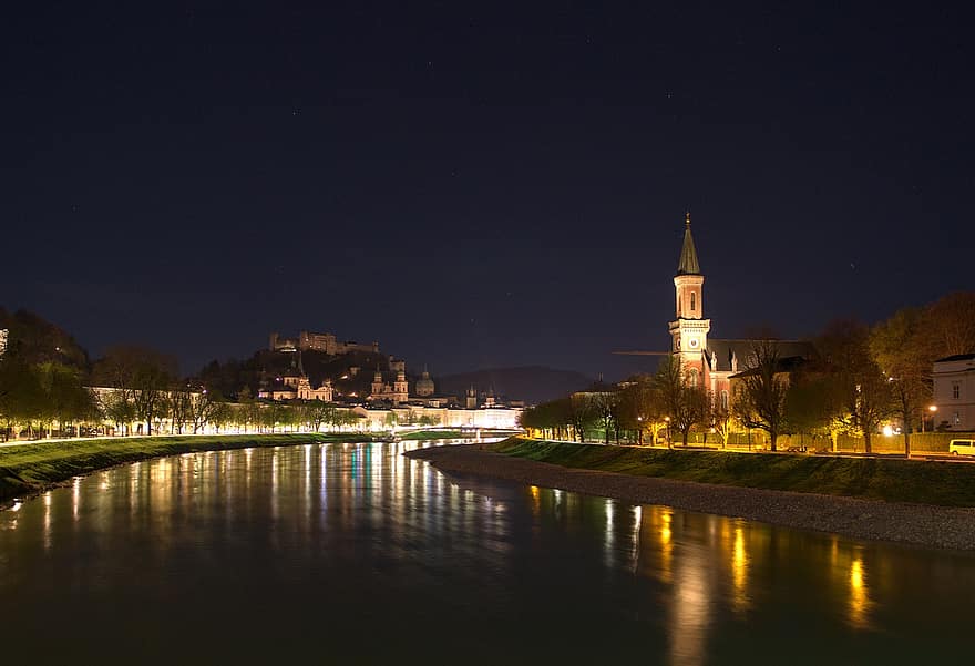 การท่องเที่ยว, เมือง, Salzburg, กลางคืน, โบสถ์, แม่น้ำ, ป้อม, สถาปัตยกรรม, สถานที่ที่มีชื่อเสียง, พลบค่ำ, ส่องสว่าง