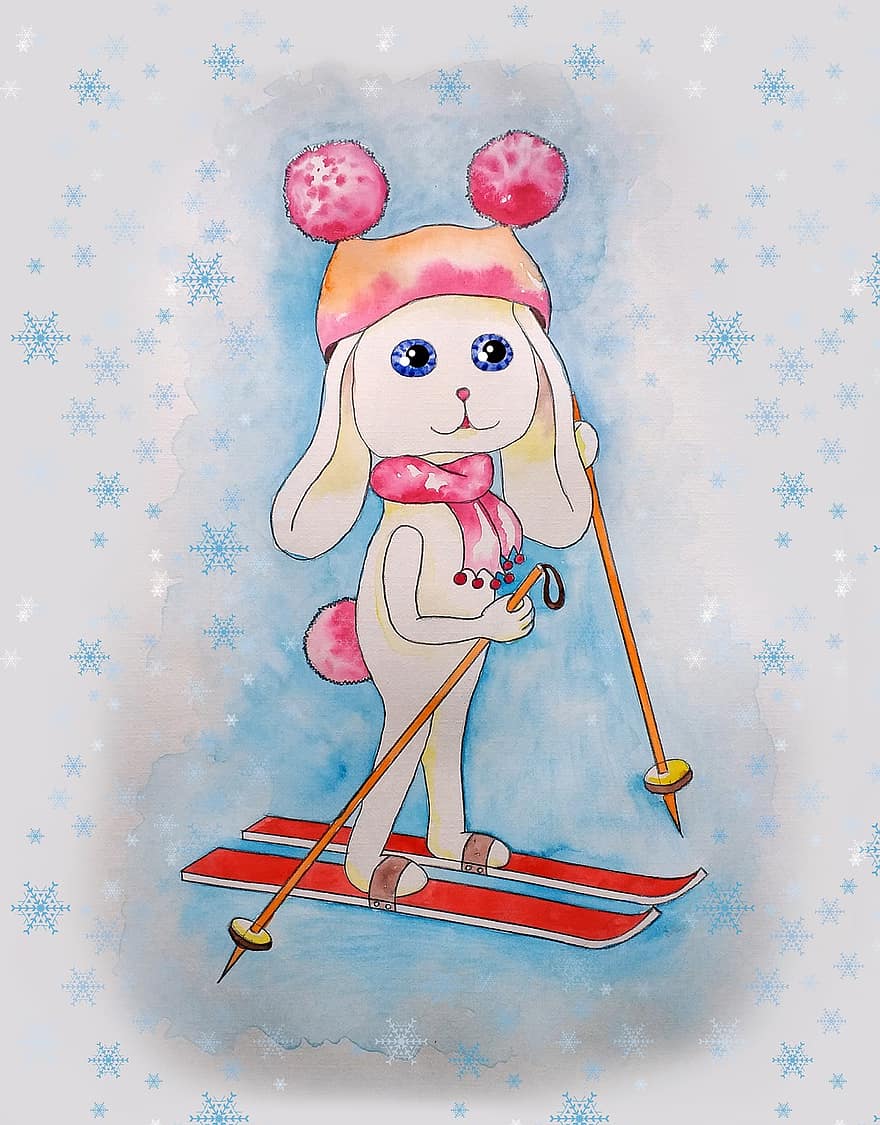 kelinci, main ski, hewan, bermain ski, olahraga, musim dingin, kepingan salju, salju