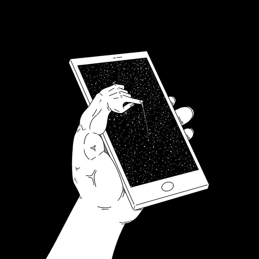 Mobilais telefons, ekrānā, roka, zvaigznes, pirkstiem, sirreāls, karikatūra, glezna, iztēle, fantāzija, radošumu