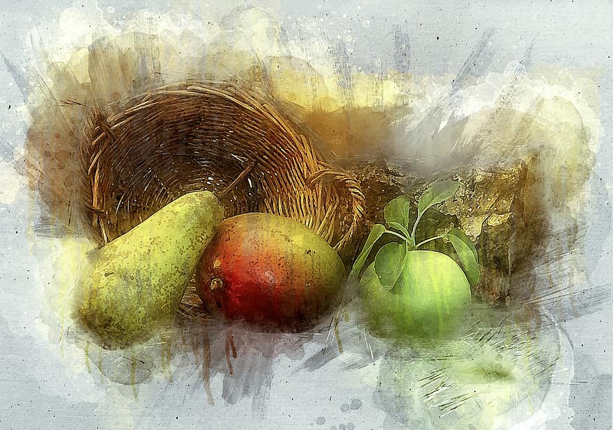 과일, 바구니, 사과, 배, 식품, 건강한, 신선한, 비타민, 본질적인, 아직 살아있다.