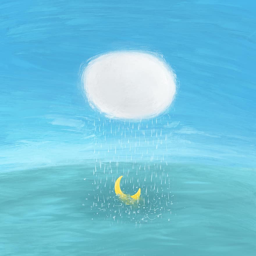 Rain, Moon, Sea, Water, Cloud, Sky, Weather, Storm, Surreal, Cartoon, Painting