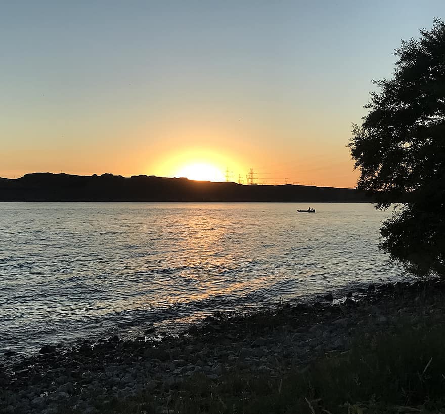River, Sunset, Boat, Columbia River, Landscape, Scenic, Water, Fishing, Sun, Fisherman, Sky
