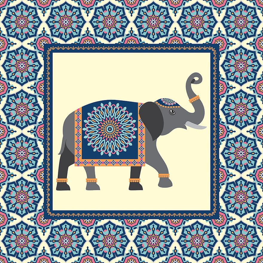 olifant, mandala, dier, Indië, structuur, decor, decoratief, patroon, ontwerp, artistiek, kleurrijk