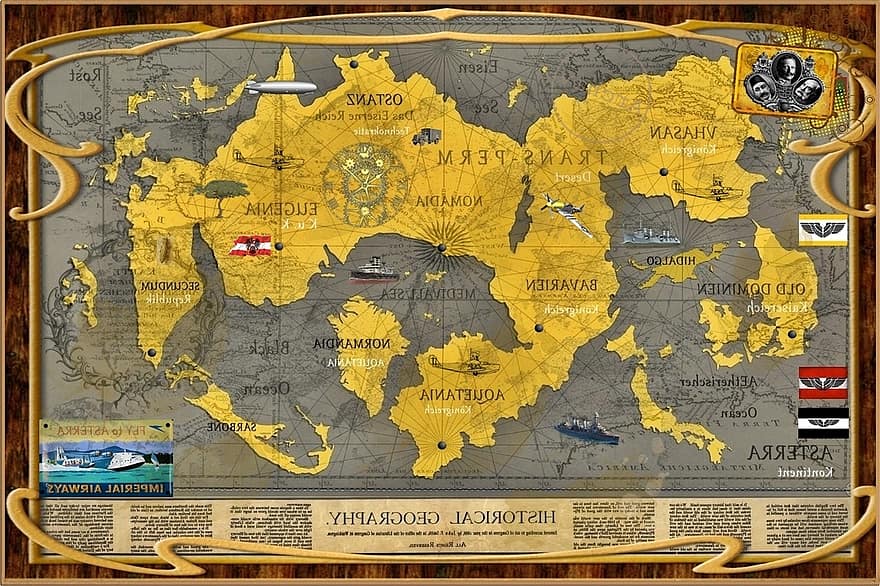 geografi, kart, kontinenter, øy, hav, kartografi, illustrasjon, verdenskart, antikk, gammel, gammeldags
