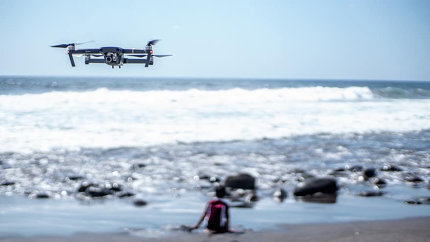 drone, papludimys, jūros, skrydis, kamera, bangos, akmenys, pakrantėje, skraidantis, sraigtas, oro transporto priemonė